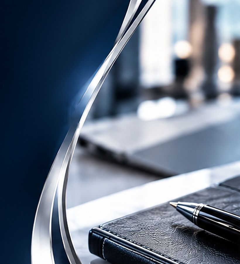 A leather notebook and pen on a desk